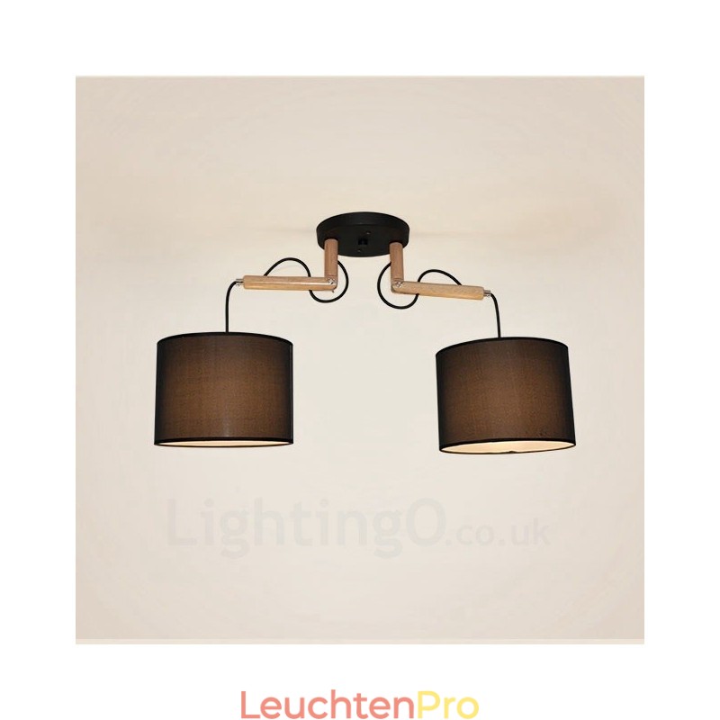 Moderne Pendelleuchte mit 2 Lichtern aus Holz und Stoffschirm