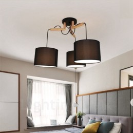 Moderne Pendelleuchte mit 3 Lichtern aus Holz und Stoffschirm
