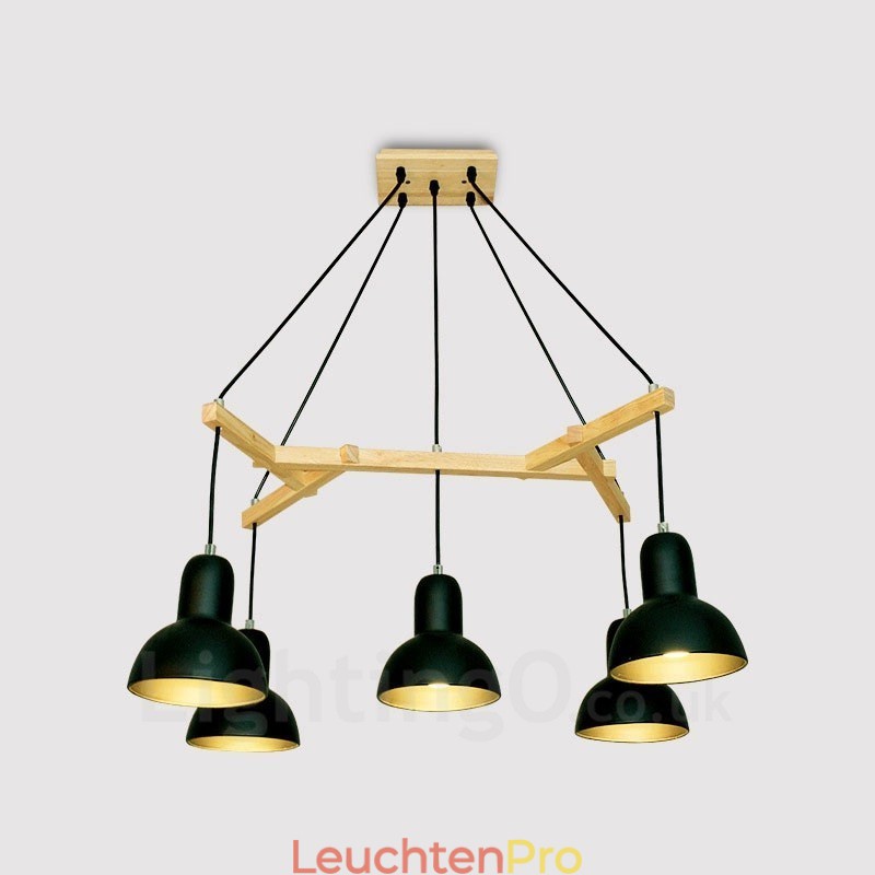 5-flammige, moderne Pendelleuchte aus Holz mit Eisenschirm
