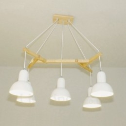 5-flammige, moderne Pendelleuchte aus Holz mit Eisenschirm