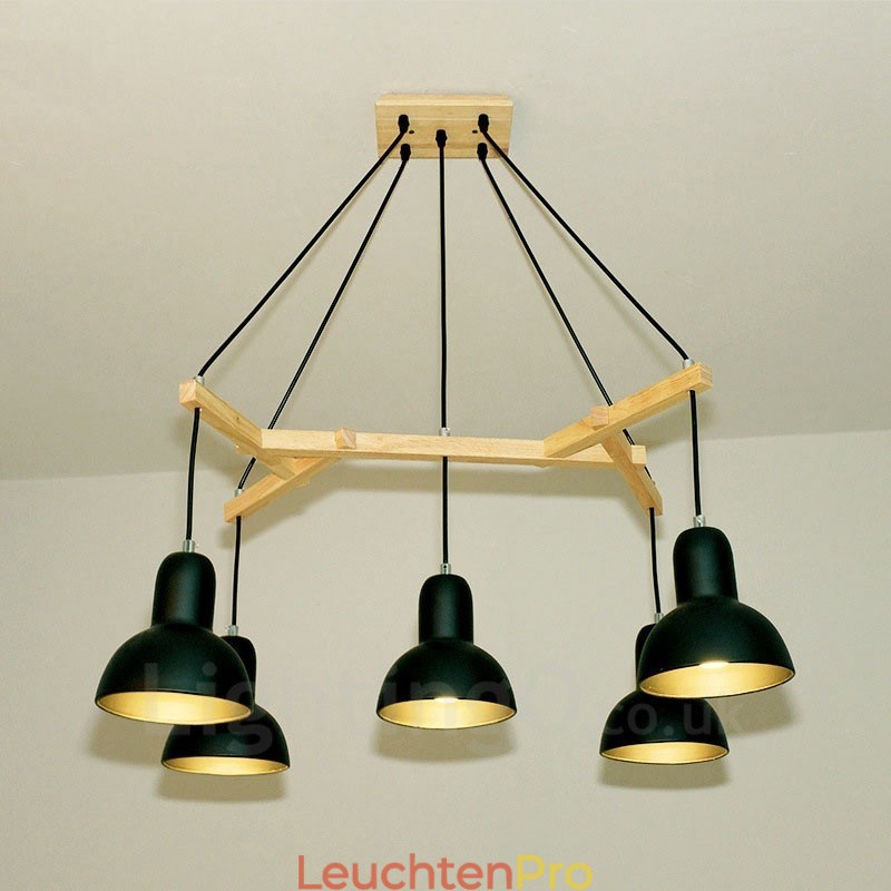 5-flammige, moderne Pendelleuchte aus Holz mit Eisenschirm