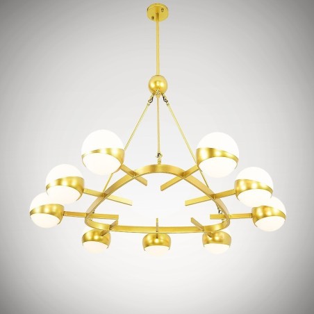 9-flammige moderne Deckenleuchten im nordischen Stil, verkupferter Kronleuchter mit goldenem und weißem Kugelglasschirm 9-flammige moderne Deckenleuchten im nordischen Stil, verkupferter Kronleuchter mit goldenem und weißem Kugelglasschirm