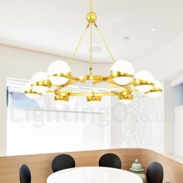 9-flammige moderne Deckenleuchten im nordischen Stil, verkupferter Kronleuchter mit goldenem und weißem Kugelglasschirm