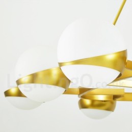 9-flammige moderne Deckenleuchten im nordischen Stil, verkupferter Kronleuchter mit goldenem und weißem Kugelglasschirm