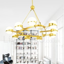 9-flammige moderne Deckenleuchten im nordischen Stil, verkupferter Kronleuchter mit goldenem und weißem Kugelglasschirm