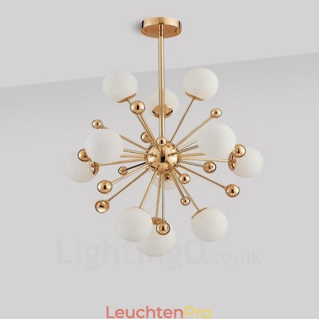 11-flammige moderne Deckenleuchten, Kupfer-Kronleuchter mit weißem Kugelglasschirm 11-flammige moderne Deckenleuchten, Kupfer-Kronleuchter mit weißem Kugelglasschirm