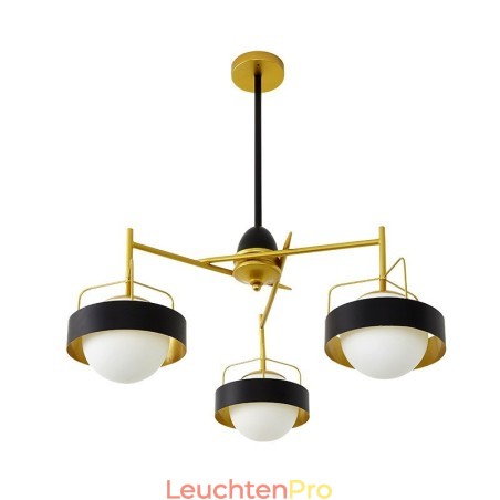 3-flammige moderne Deckenleuchten, Kupfer-Kronleuchter mit weißem und schwarzem Kugelglasschirm 3-flammige moderne Deckenleuchten, Kupfer-Kronleuchter mit weißem und schwarzem Kugelglasschirm