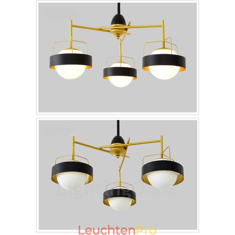 3-flammige moderne Deckenleuchten, Kupfer-Kronleuchter mit weißem und schwarzem Kugelglasschirm
