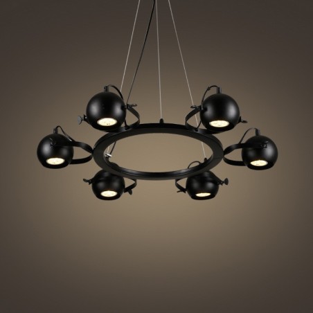 6-flammige Retro-Pendelleuchte im Vintage-Stil aus schwarzem Eisen mit schwarzen Kugelschirmen aus Eisen 6-flammige Retro-Pendelleuchte im Vintage-Stil aus schwarzem Eisen mit schwarzen Kugelschirmen aus Eisen