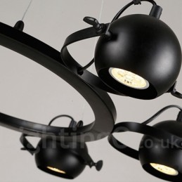 6-flammige Retro-Pendelleuchte im Vintage-Stil aus schwarzem Eisen mit schwarzen Kugelschirmen aus Eisen