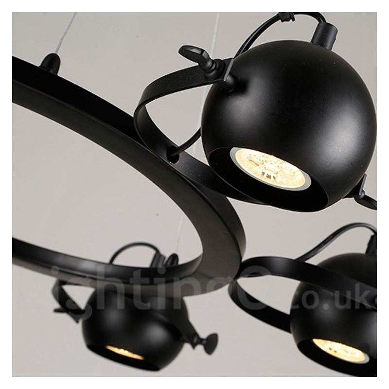 6-flammige Retro-Pendelleuchte im Vintage-Stil aus schwarzem Eisen mit schwarzen Kugelschirmen aus Eisen