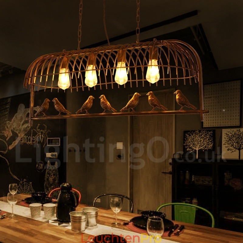 Rustikale Lodge Retro-Vogelkäfig-Pendelleuchte mit 4 Lichtern und Stahlschirm