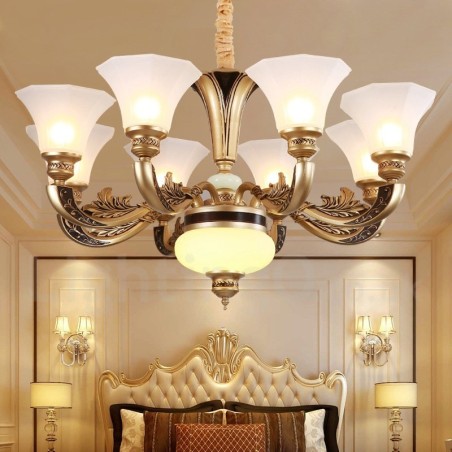 8-flammiger traditioneller Luxus-Lobby-Kronleuchter im Retro-Stil mit Glasschirm 8-flammiger traditioneller Luxus-Lobby-Kronleuchter im Retro-Stil mit Glasschirm