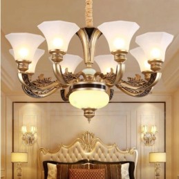 8-flammiger traditioneller Luxus-Lobby-Kronleuchter im Retro-Stil mit Glasschirm