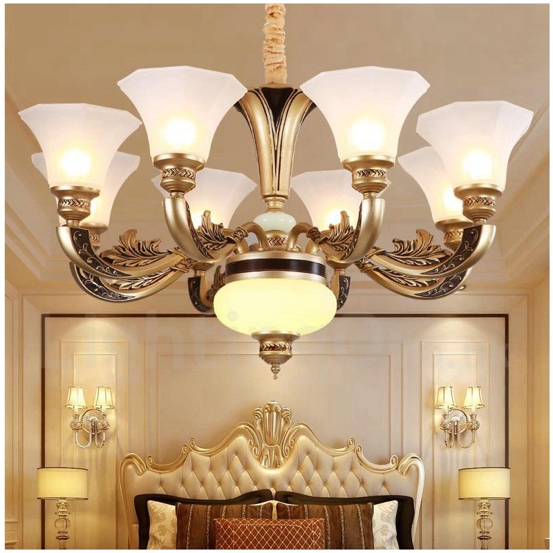 8-flammiger traditioneller Luxus-Lobby-Kronleuchter im Retro-Stil mit Glasschirm