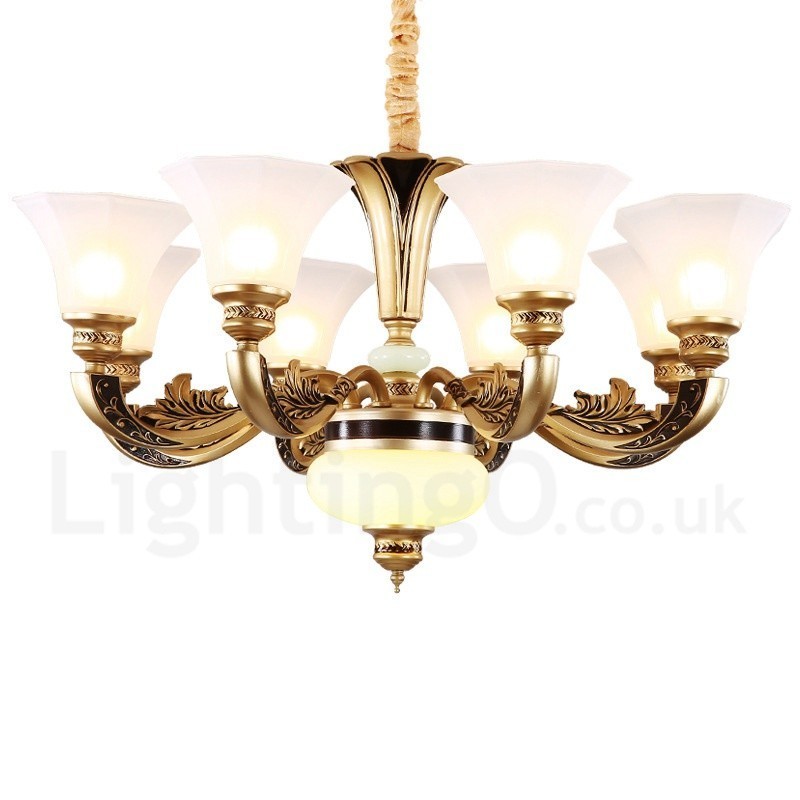 8-flammiger traditioneller Luxus-Lobby-Kronleuchter im Retro-Stil mit Glasschirm