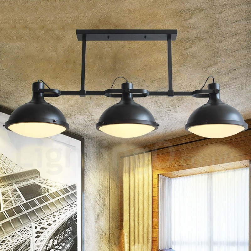 3-flammige Hängeleuchte im Retro-Stil aus rustikalem Stahl mit Glasschirm