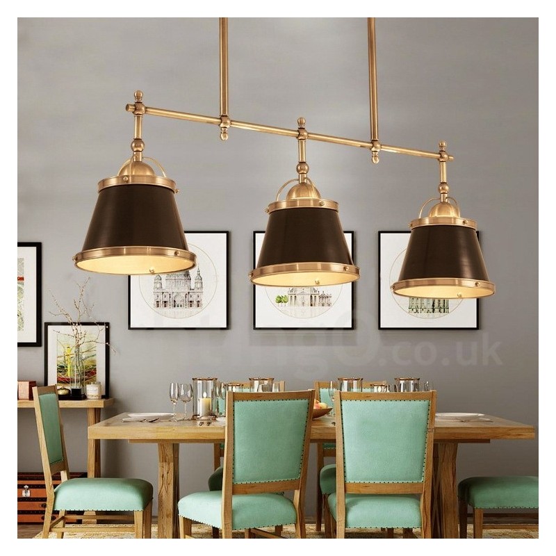 3-flammige Retro-Pendelleuchte im rustikalen Stil aus Messing mit Messingschirm