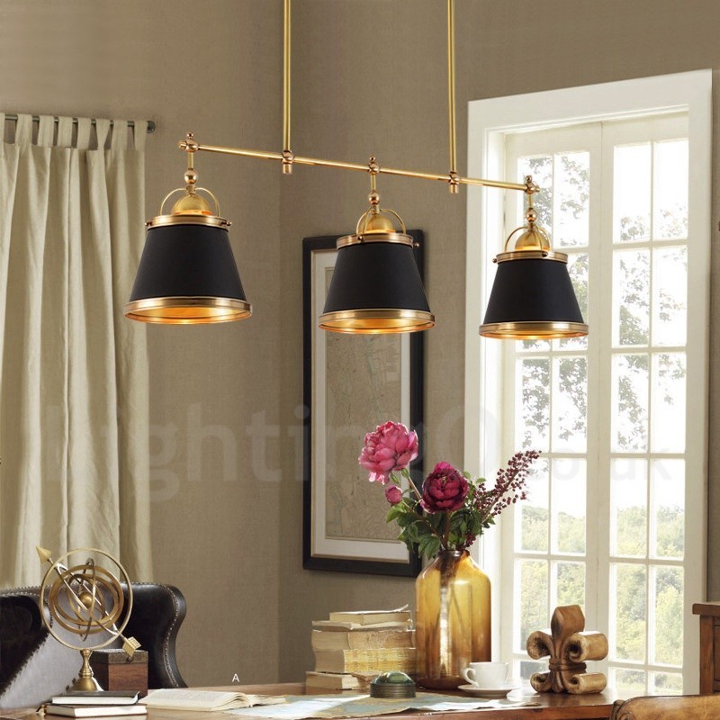 3-flammige Retro-Pendelleuchte im rustikalen Stil aus Messing mit Messingschirm