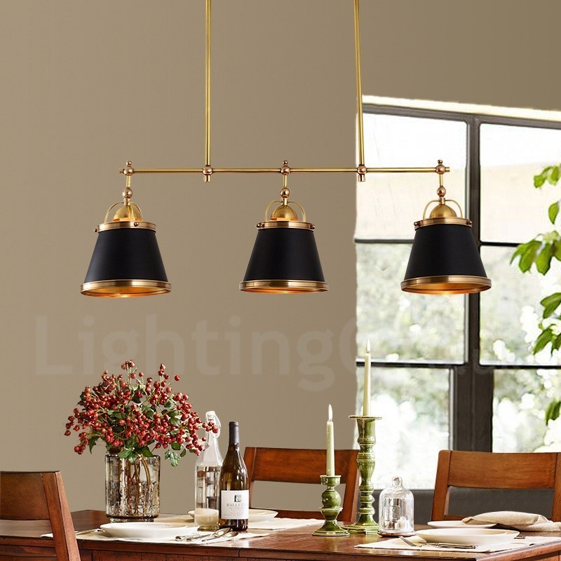 3-flammige Retro-Pendelleuchte im rustikalen Stil aus Messing mit Messingschirm