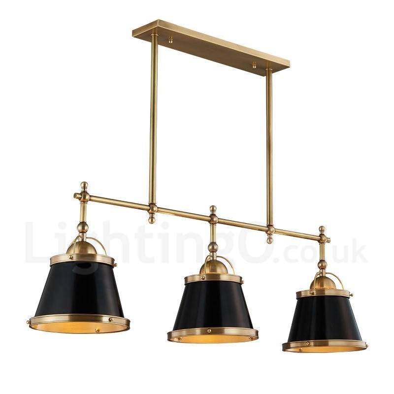 3-flammige Retro-Pendelleuchte im rustikalen Stil aus Messing mit Messingschirm