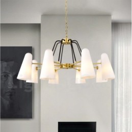 8-flammige Retro-Pendelleuchte aus rustikalem Messing mit Glasschirm