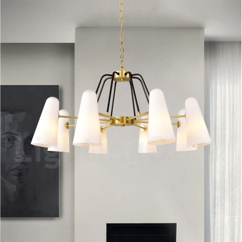8-flammige Retro-Pendelleuchte aus rustikalem Messing mit Glasschirm