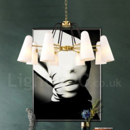 8-flammige Retro-Pendelleuchte aus rustikalem Messing mit Glasschirm