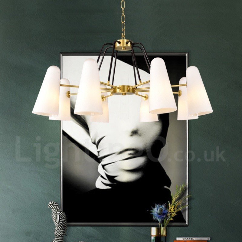 8-flammige Retro-Pendelleuchte aus rustikalem Messing mit Glasschirm