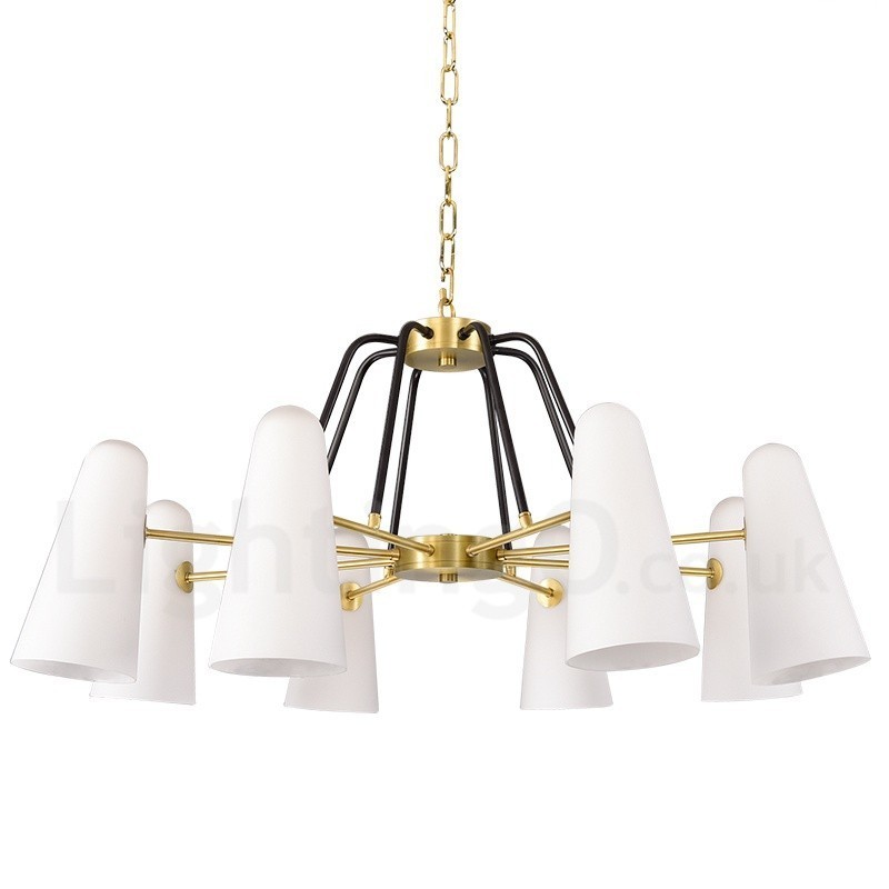 8-flammige Retro-Pendelleuchte aus rustikalem Messing mit Glasschirm