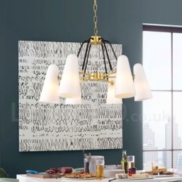 6-flammige Retro-Pendelleuchte aus rustikalem Messing mit Glasschirm