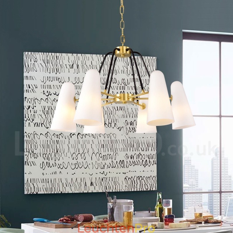 6-flammige Retro-Pendelleuchte aus rustikalem Messing mit Glasschirm