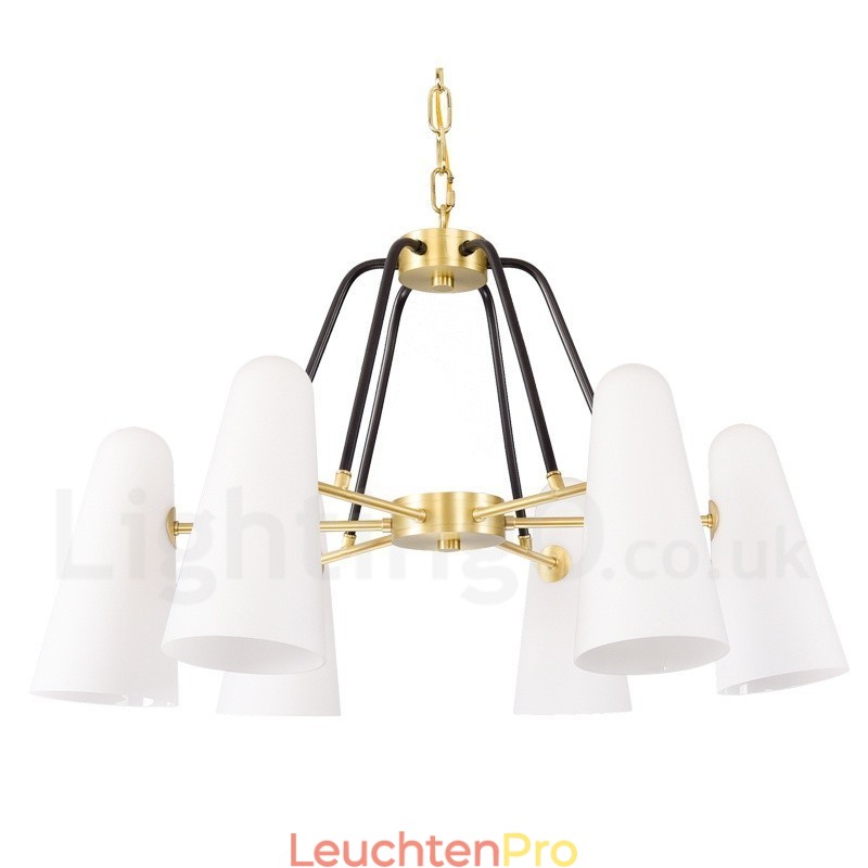 6-flammige Retro-Pendelleuchte aus rustikalem Messing mit Glasschirm