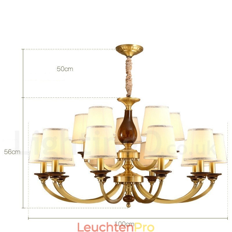 15-flammige Retro-Pendelleuchte aus rustikalem Messing mit Glasschirm