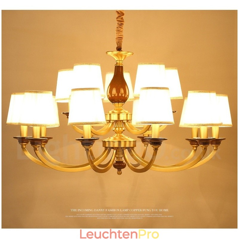 15-flammige Retro-Pendelleuchte aus rustikalem Messing mit Glasschirm