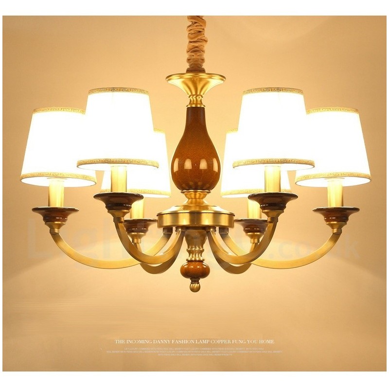 6-flammige Retro-Pendelleuchte aus rustikalem Messing mit Glasschirm