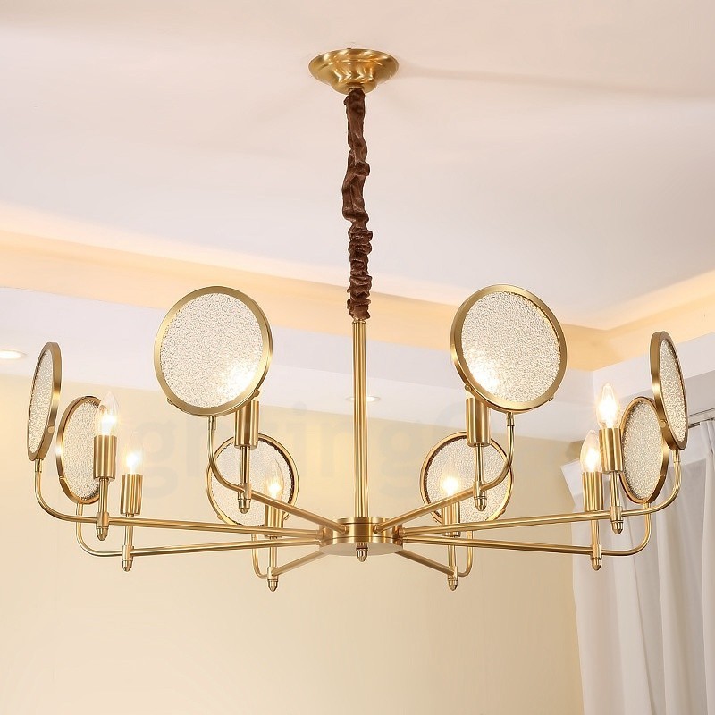 8-flammige Retro-Pendelleuchte aus rustikalem Messing mit Glasschirm