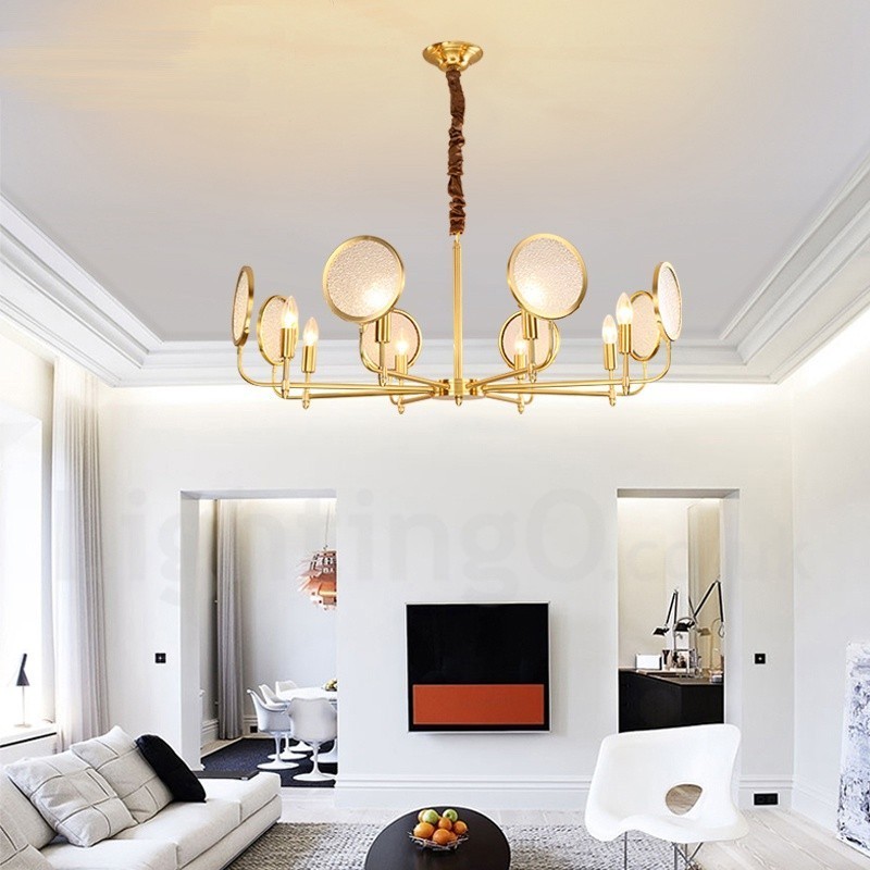 8-flammige Retro-Pendelleuchte aus rustikalem Messing mit Glasschirm