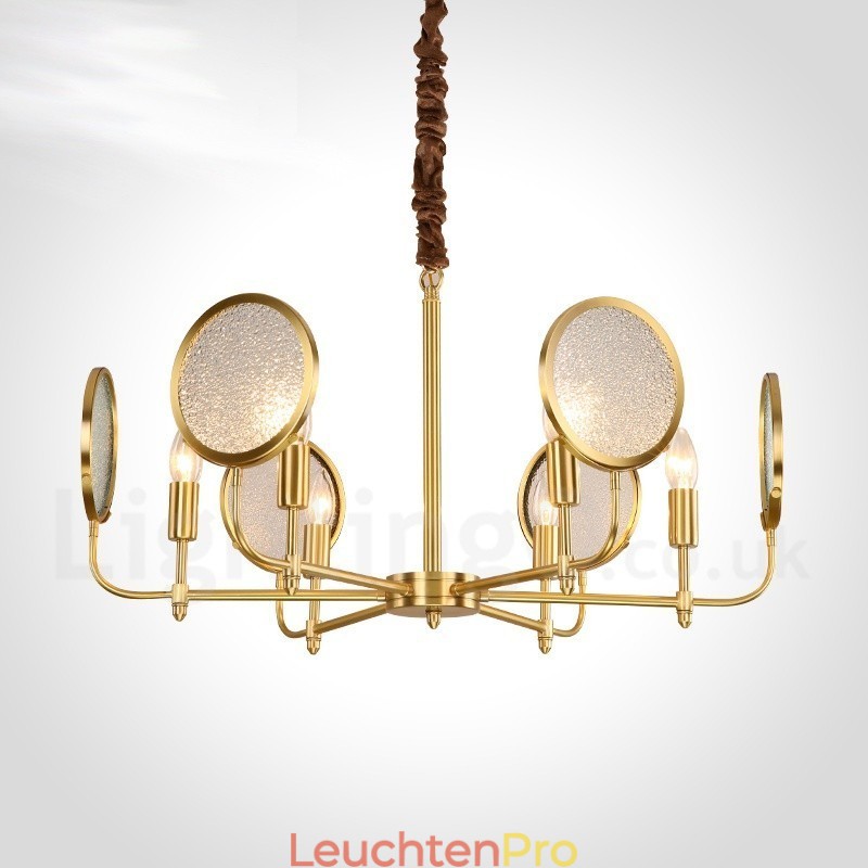 6-flammige Retro-Pendelleuchte aus rustikalem Messing mit Glasschirm