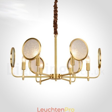 6-flammige Retro-Pendelleuchte aus rustikalem Messing mit Glasschirm