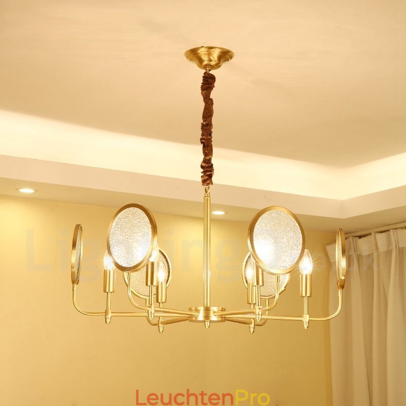 6-flammige Retro-Pendelleuchte aus rustikalem Messing mit Glasschirm