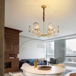 6-flammige Retro-Pendelleuchte aus rustikalem Messing mit Glasschirm