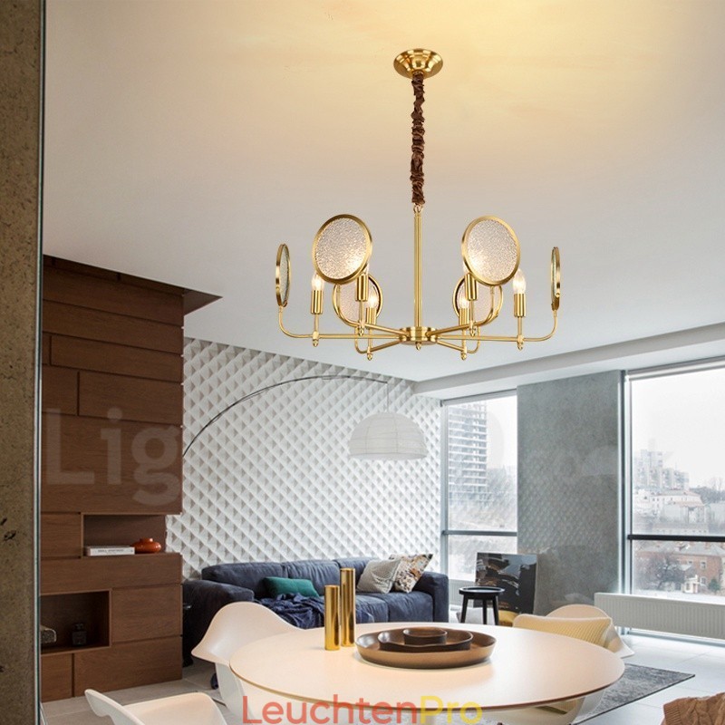 6-flammige Retro-Pendelleuchte aus rustikalem Messing mit Glasschirm