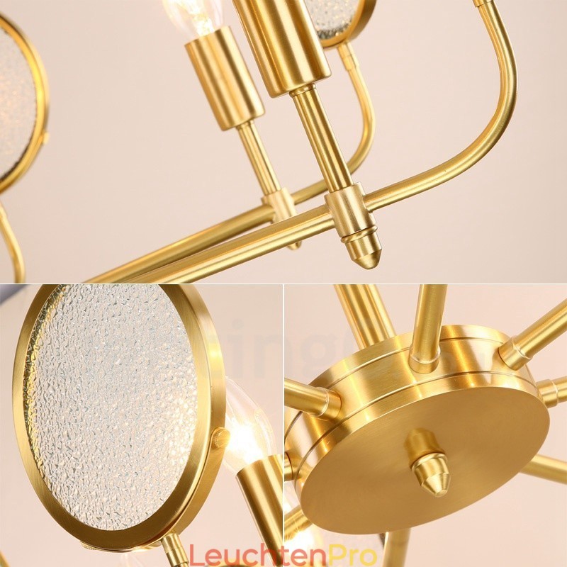 6-flammige Retro-Pendelleuchte aus rustikalem Messing mit Glasschirm