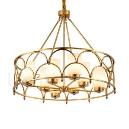 8-flammige Retro-Pendelleuchte aus rustikalem Messing mit Glasschirm
