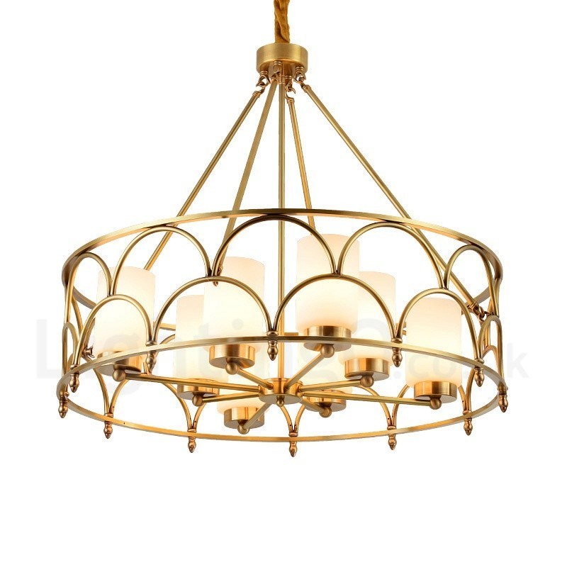 8-flammige Retro-Pendelleuchte aus rustikalem Messing mit Glasschirm