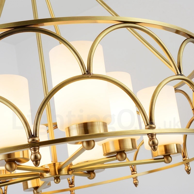 8-flammige Retro-Pendelleuchte aus rustikalem Messing mit Glasschirm