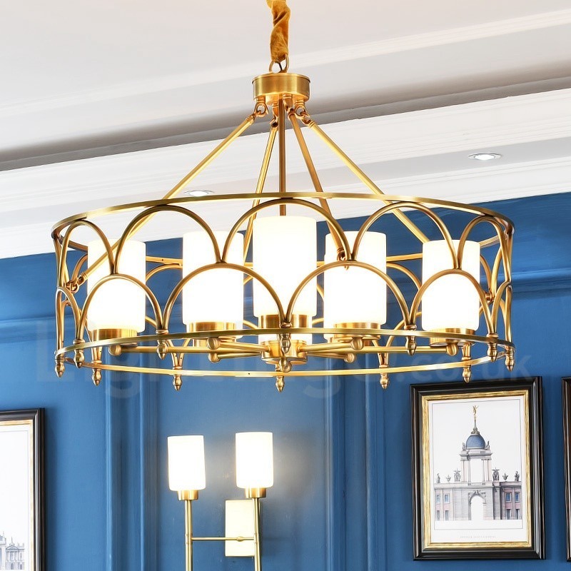 8-flammige Retro-Pendelleuchte aus rustikalem Messing mit Glasschirm