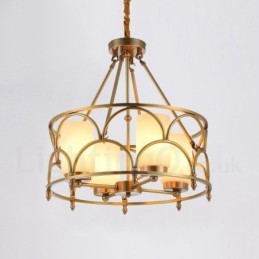 4-flammige Retro-Pendelleuchte aus rustikalem Messing mit Glasschirm