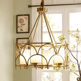 4-flammige Retro-Pendelleuchte aus rustikalem Messing mit Glasschirm